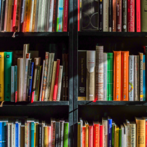 Book shelf with colourful books